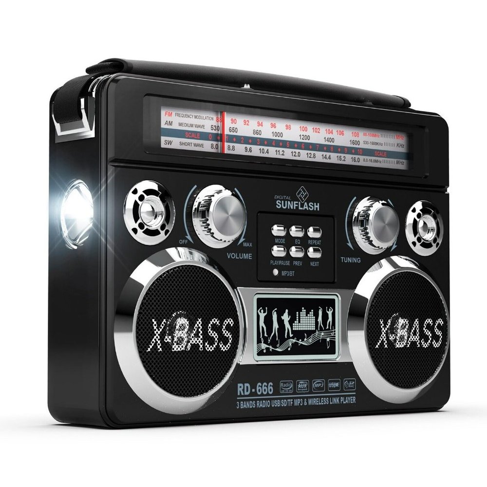 Black Portable Retro AM/FM/SW 3-Band Radio With Bluetooth & Flash Light Boombox